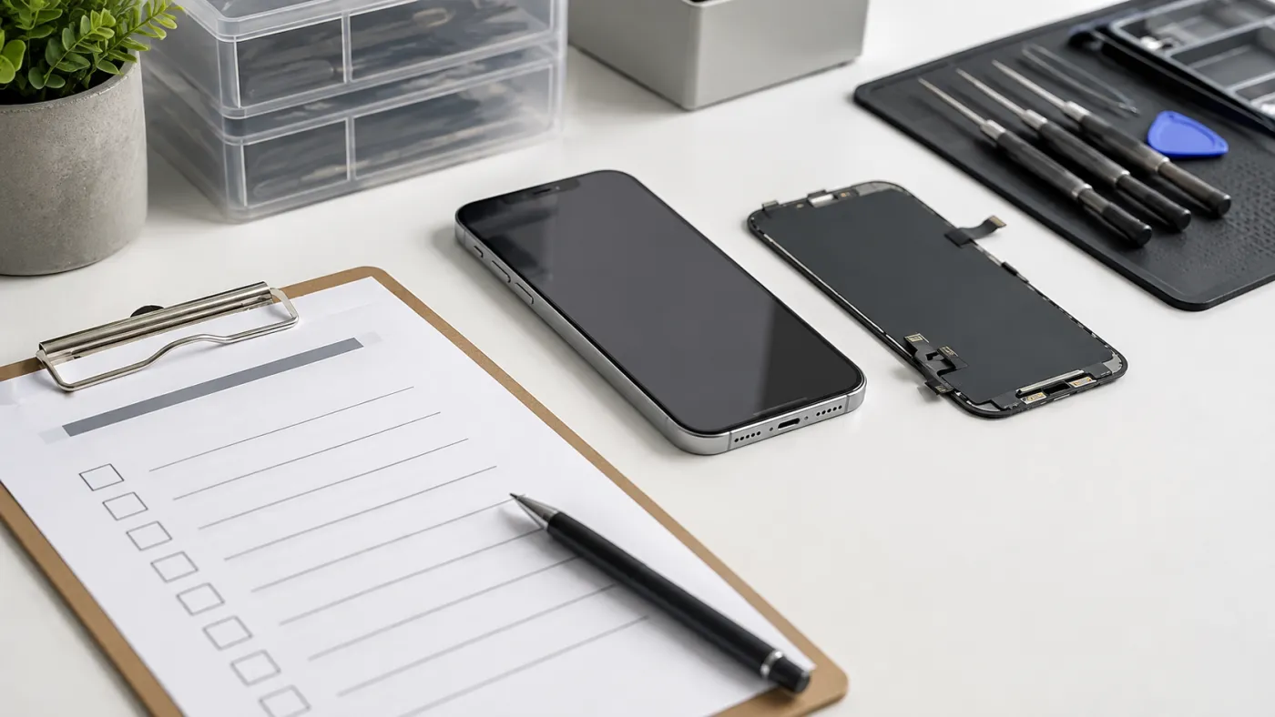 iPhone, ersättningsskärm och checklista inför beställning av skärmbyte