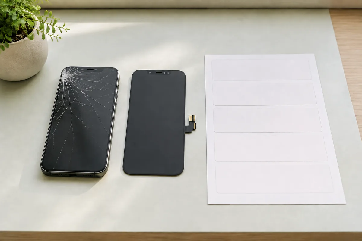 iPhone med sprucken skärm bredvid en lös skärmpanel och blank femradig serviceorder