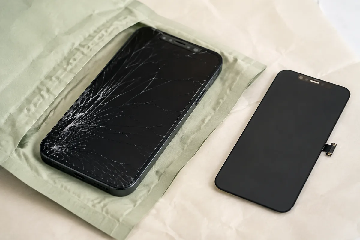 stor smartphone med tydligt sprucken skärm bredvid en intakt ersättningsskärm
