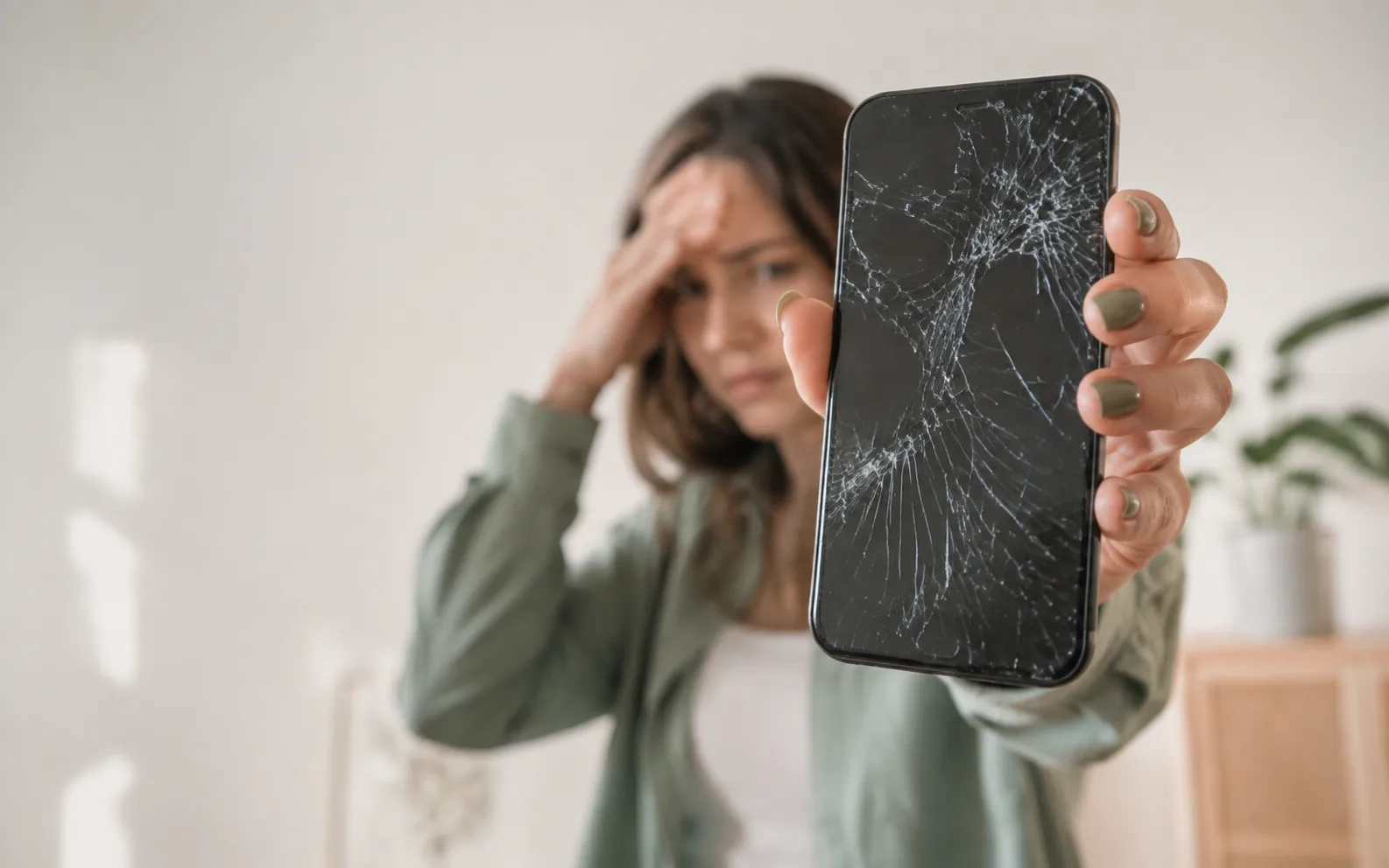 Sprucken iPhone-skärm visas på nära håll