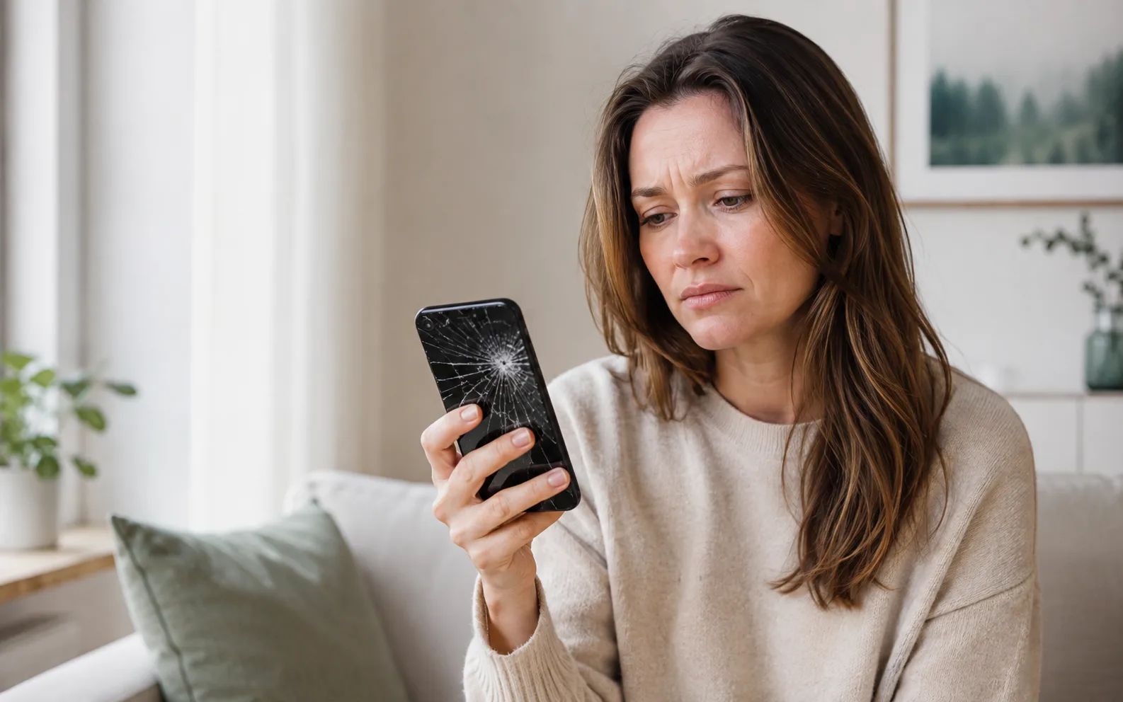 Kvinna undersöker en iPhone med sprucken skärm