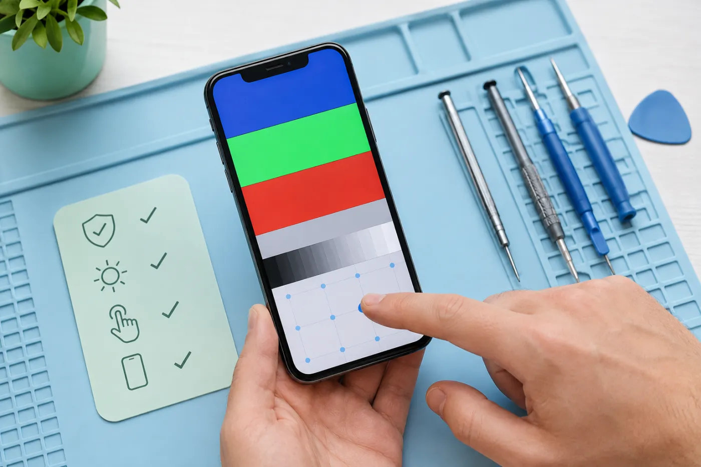 Funktionstest av touch, ljusstyrka och färgåtergivning efter iPhone-skärmbyte