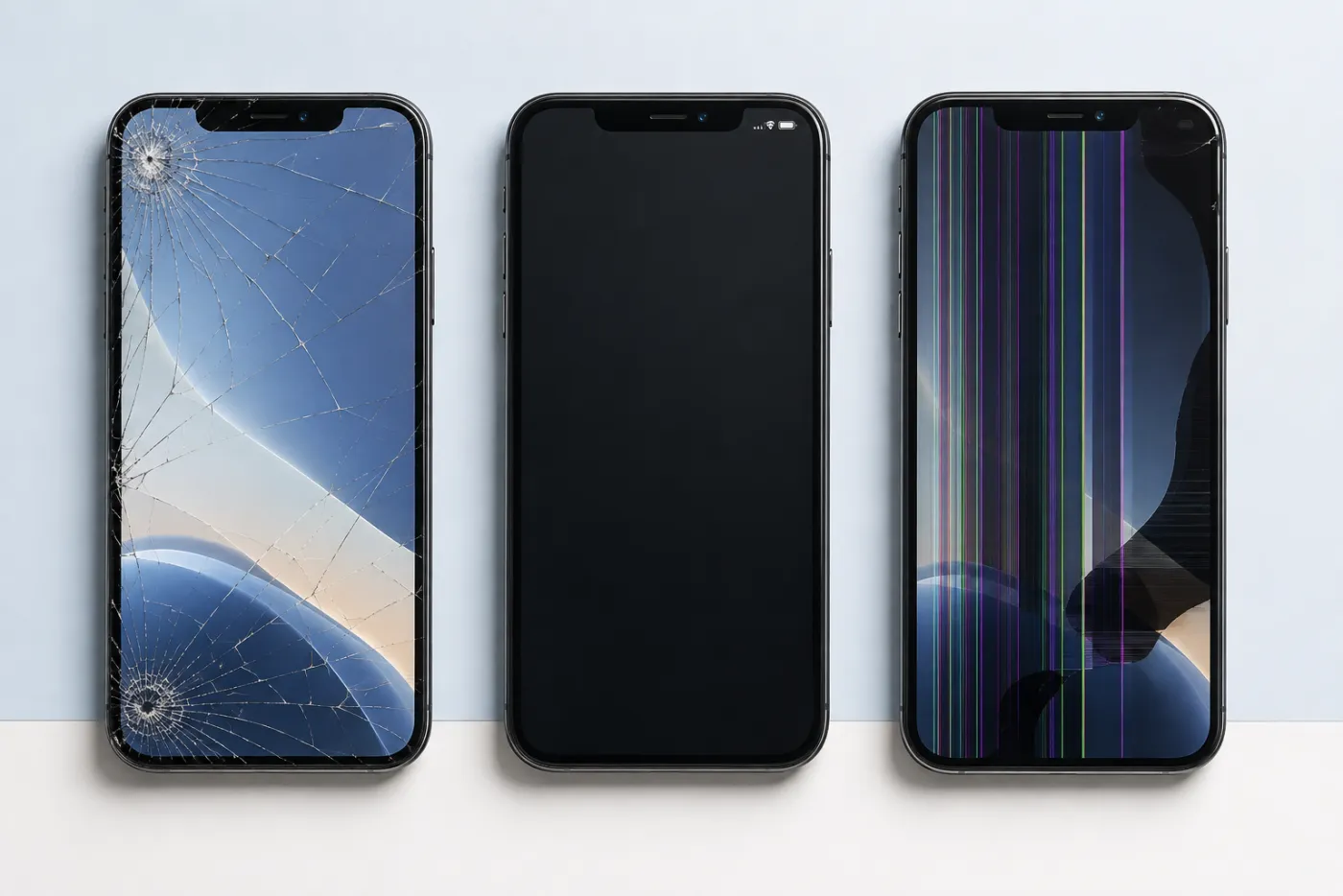 Tre iPhone-skärmar med sprucket glas, svart display och färgade linjer