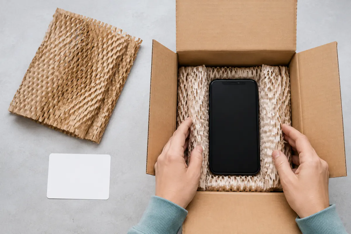 iPhone packas skyddat i en kartong inför spårbart inskick för skärmbyte