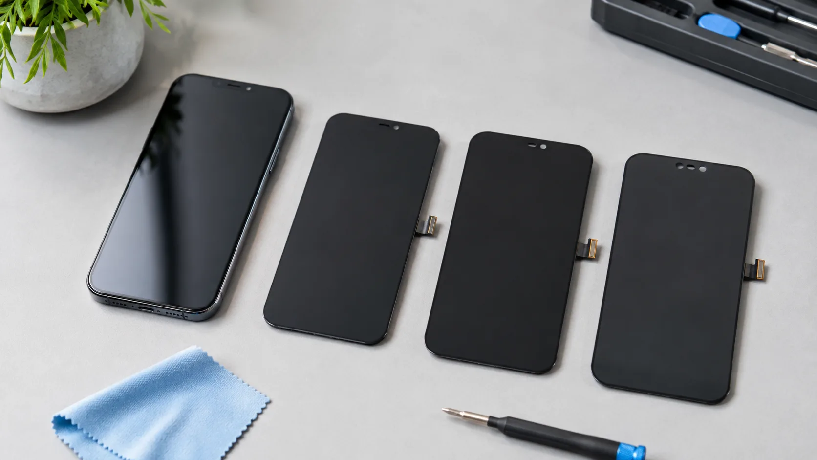 iPhone och flera ersättningsskärmar på en ren arbetsyta